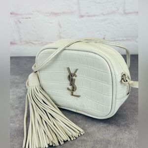 Yves Saint Laurent White Croc-Embossed Leather Blogger Crossbody Bag